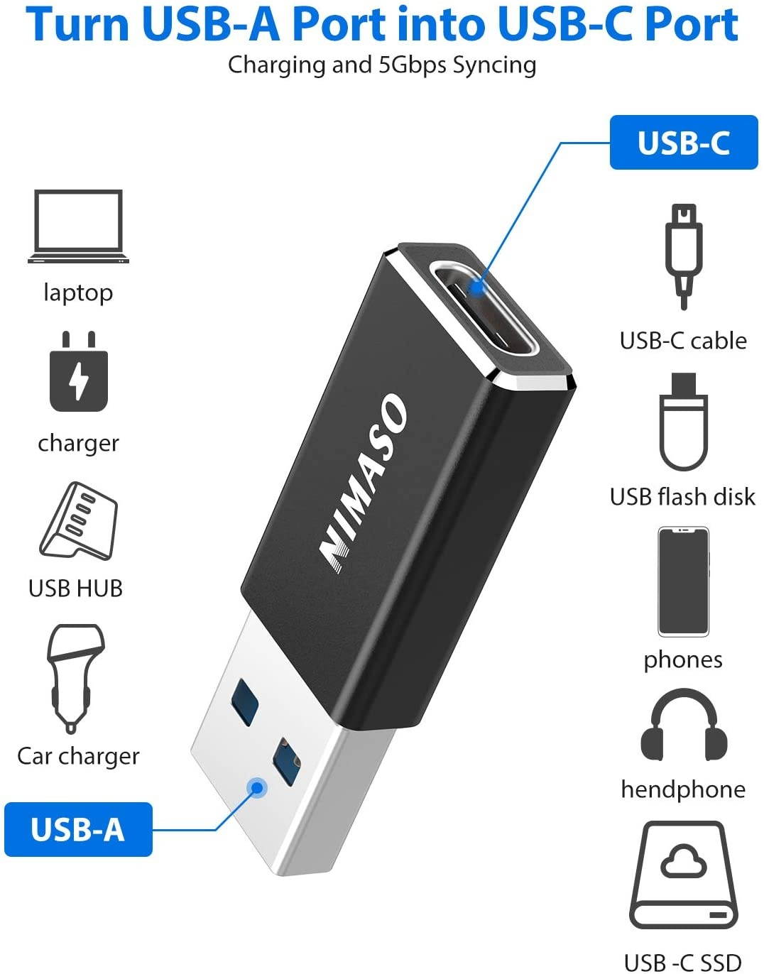 USB C to USB 3.0 Adapter Nimaso USB C Female to USB Male Adapter USB C 3.1 Gen 1 Adapter 5Gbps Compitable with MacBook Pro 2015/2013MacBook Air 2017/2015LaptopsChargers and More USB-A Devices