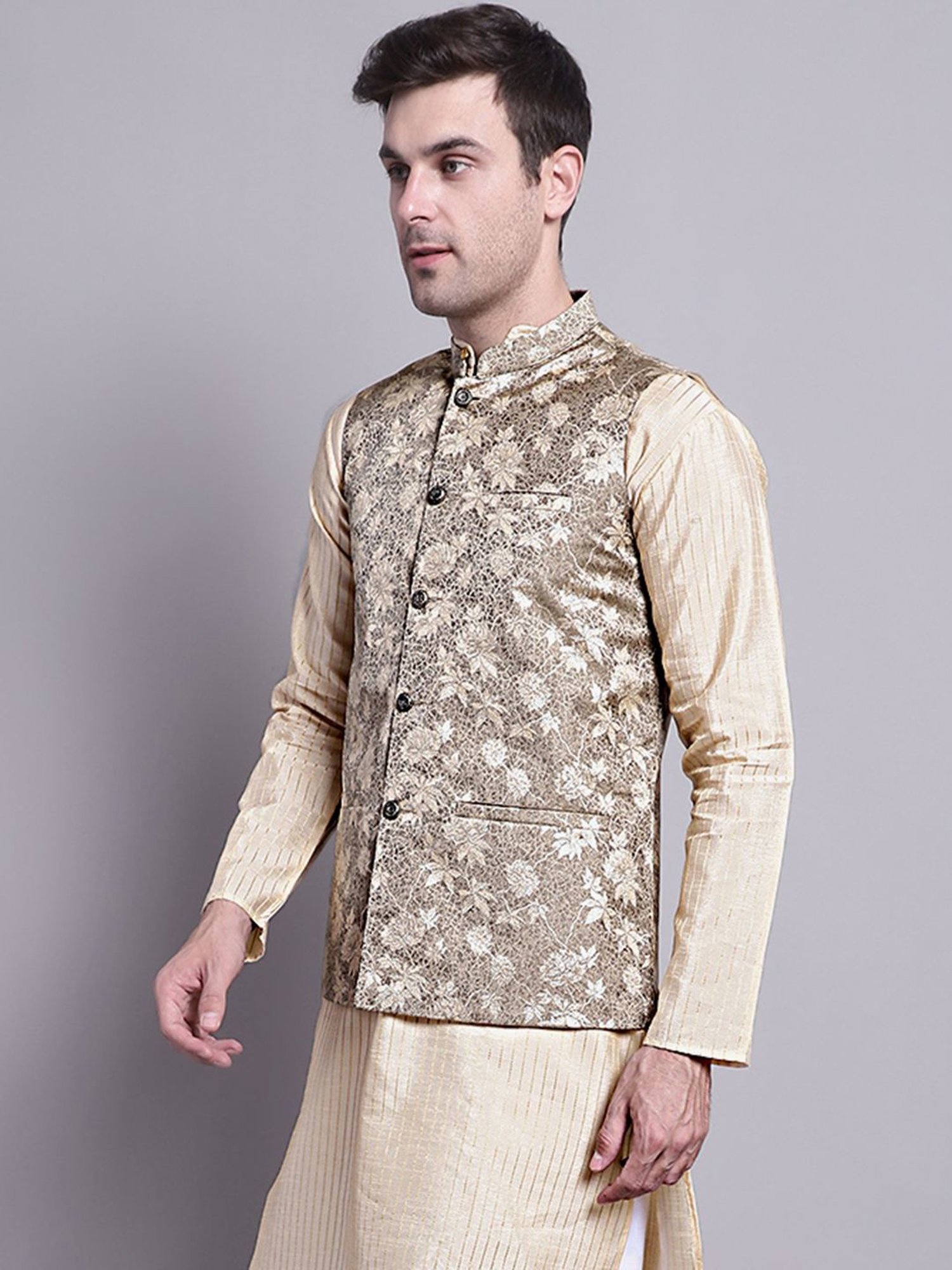 Jompers Beige Regular Fit Printed Nehru Jacket