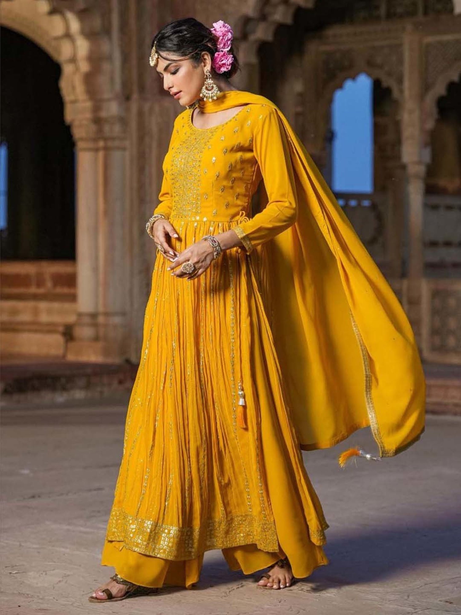 SCAKHI Yellow Embroidered Kurta Palazzo Set With Dupatta