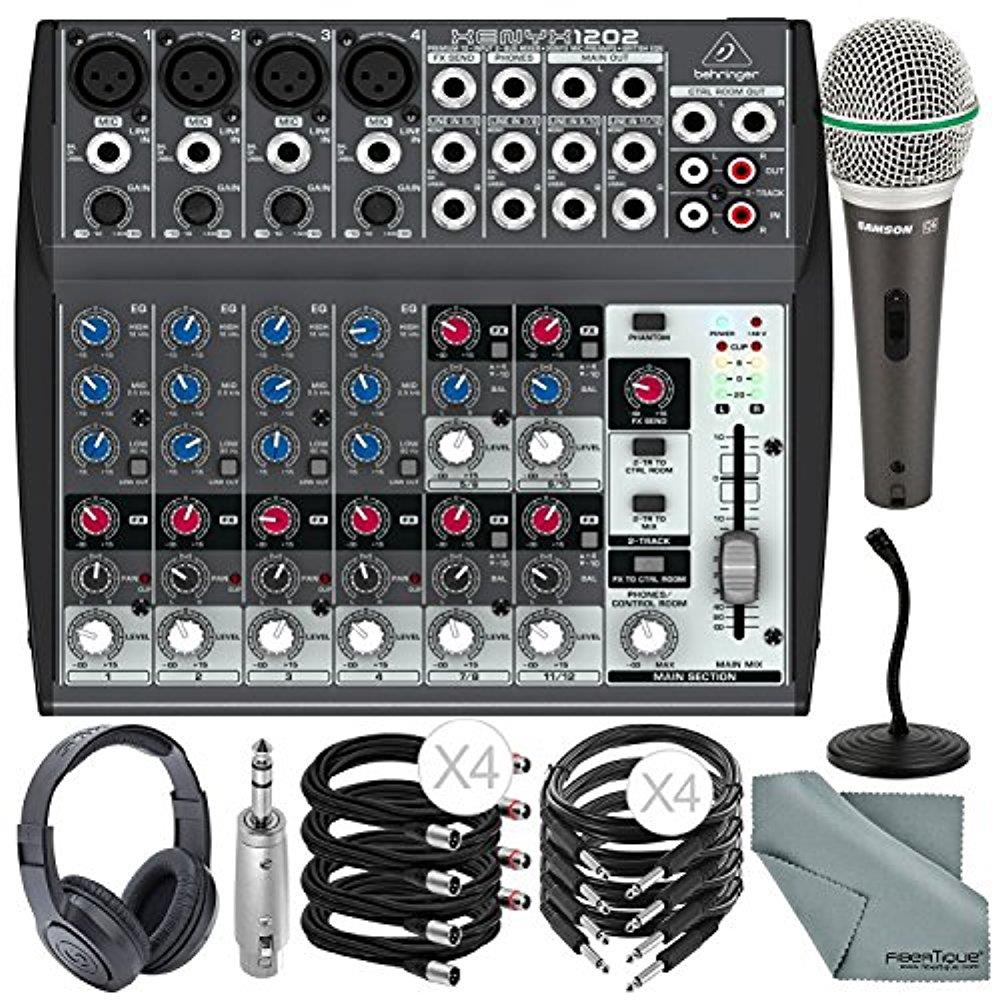 Behringer XENYX 1202 12 Channel Audio Mixer and Deluxe Bundle w/ Samson Dynamic Mic + Closed-Back Headphones + Desktop Mic Stand + More