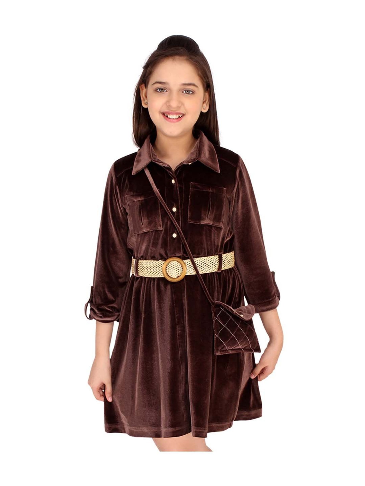 Cutecumber Kids Brown Dress With Belt & Sling Bag