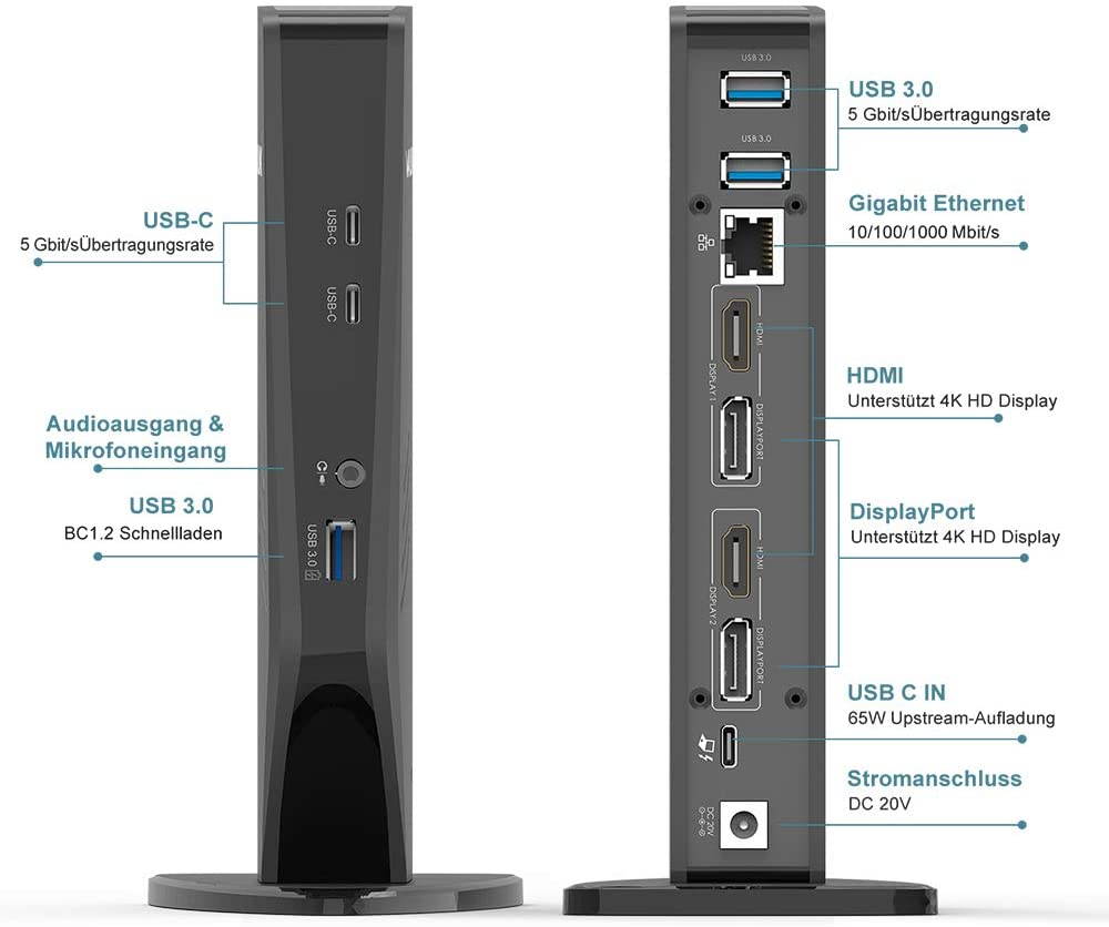Wavlink USB C Dual 4K HDMI&DP Universal Docking, with 60W Power Delivery, Dual 4K@60Hz, Single 5K@60Hz Displaylink Dock 2 x HDMI, 2 x DisplayPort, Gigabit Ethernet, 2 x USB-C Ports, 4 x USB 3.0, Audio