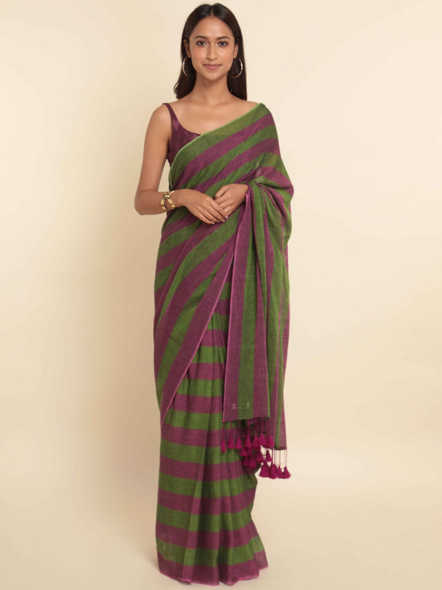 Suta Green & Pink Cotton Striped Saree Without Blouse