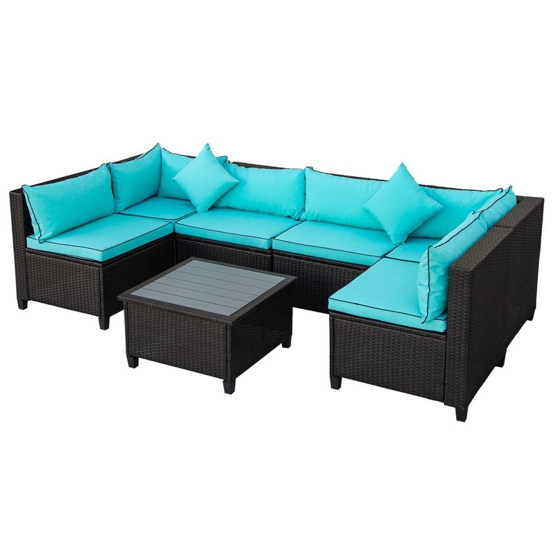 7pc Patio Rattan Wicker U-Shaped Sectional with Cushions & Pillows - Black - Art Leon