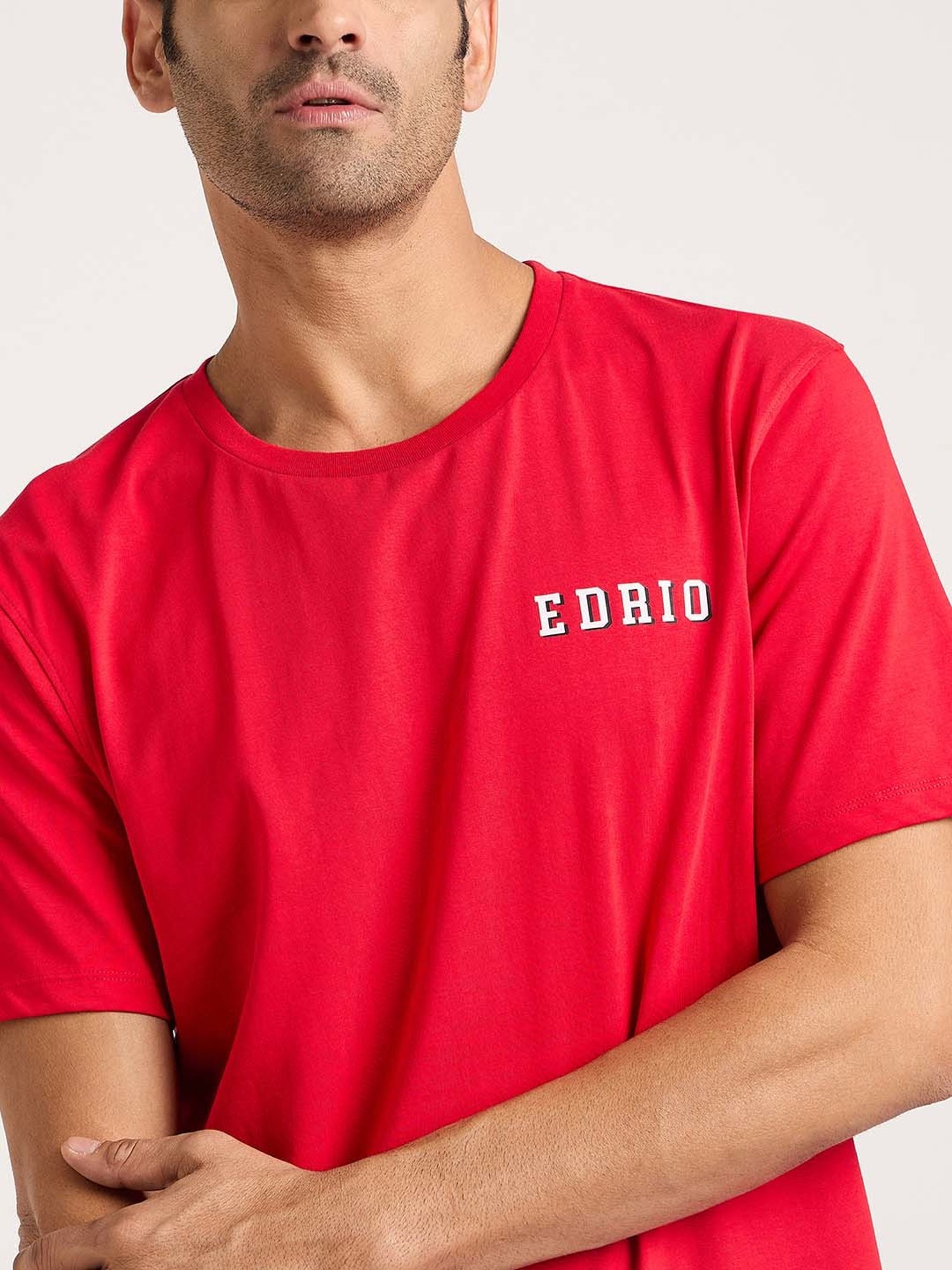 EDRIO Red Regular Fit Printed Crew T-Shirt
