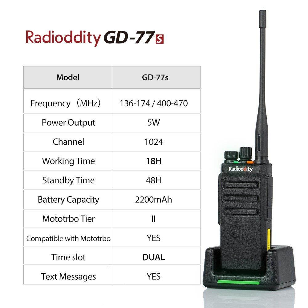 Radioddity GD-77S DMR Dual Band Two Way Radio Digital/Analog VHF/UHF Long Range Handheld Walkie Talkie 1024CH, Voice Prompt, Commercial Use, with Programming Cable, Original Earpiece and 2 Antennas