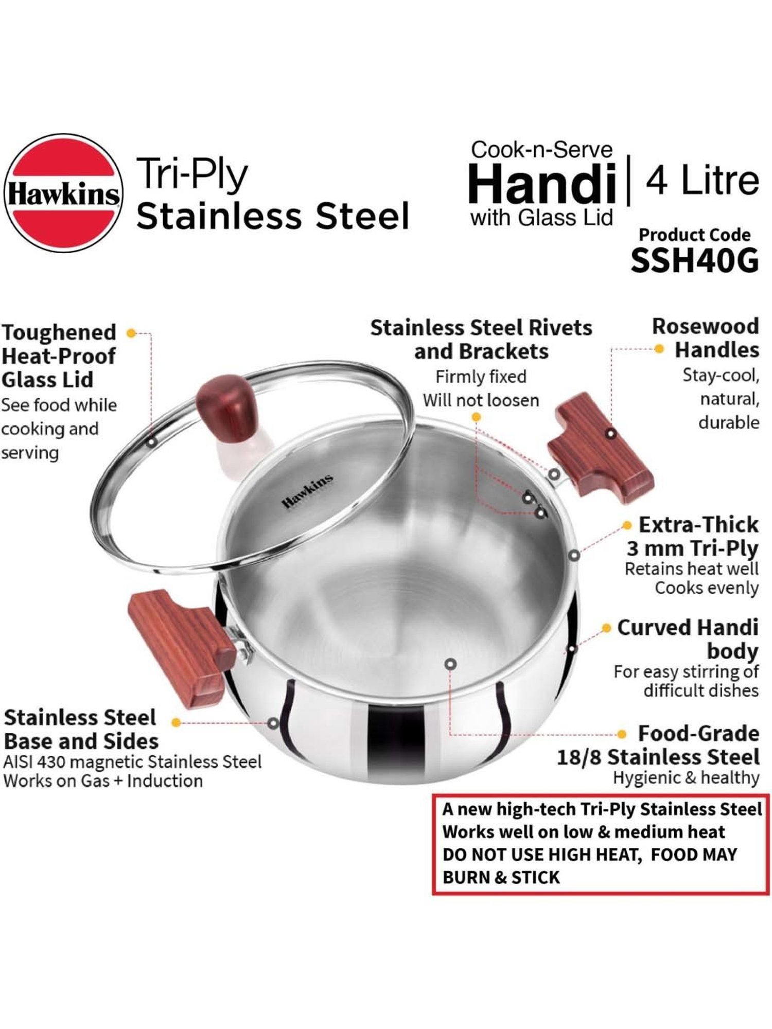 Hawkins Silver & Transparent Stainless Steel 19 cm Gas Compatible Handi With Lid (2 L) - Set of 1