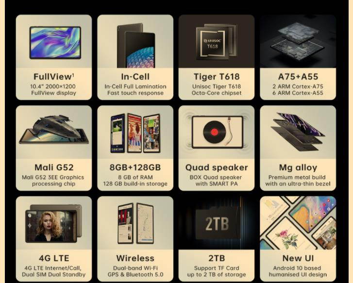 iPlay40 10.4 inch 2K FHD 2000*1200 8GB RAM 128GB ROM Android 10 T618 CPU LTE phonecall 5G WiFi Tablet PC