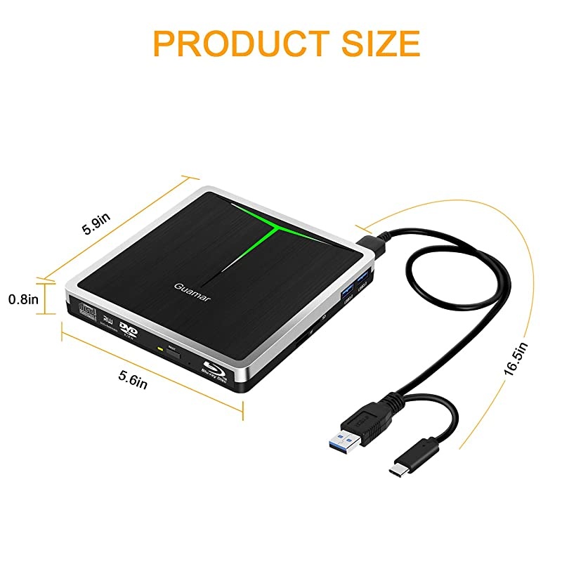 External Bluray DVD Drive, USB 3.0 and Type-C Blu-Ray Writer Portable DVD Burner Slim 3D Bluray BD CD DVD Drive Player for Laptop Mac OS PC Desktop Windows Support SD/TF Card Reader