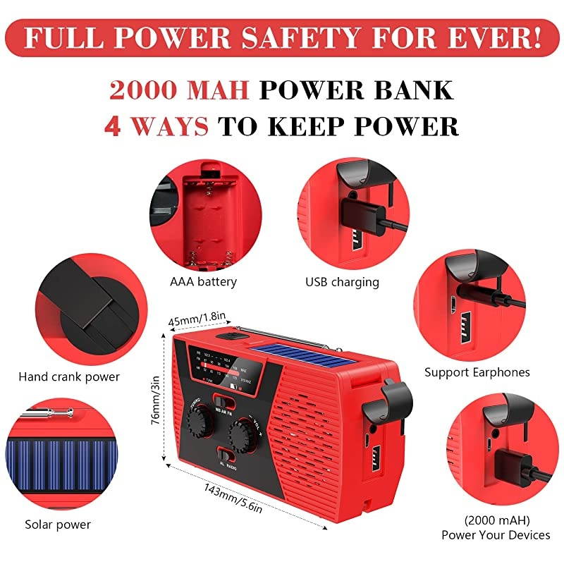 KA340 5Way Powered Rechargeable LED Camping Lantern Emergency AMFMSW NOAA Weather Alert Radio with Bluetooth Flashlight 5V USB Mobile Phone Charger MP3 Player Siren Gold