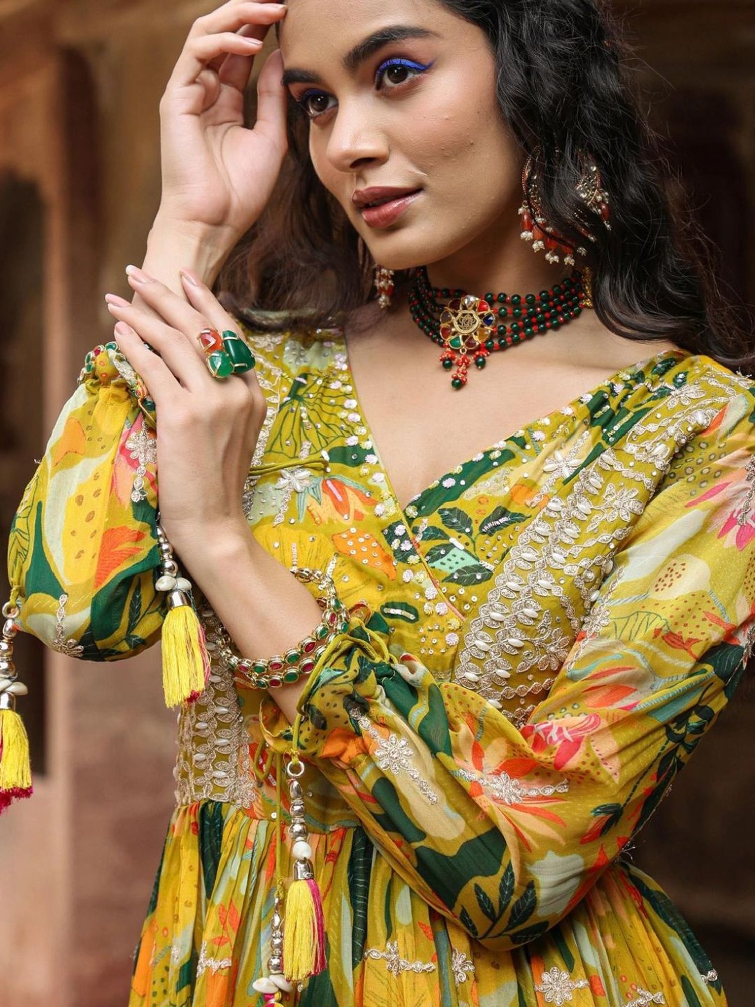 SCAKHI Lime Green Organza Floral Print & Gota Work Gathered Angrakha Gown