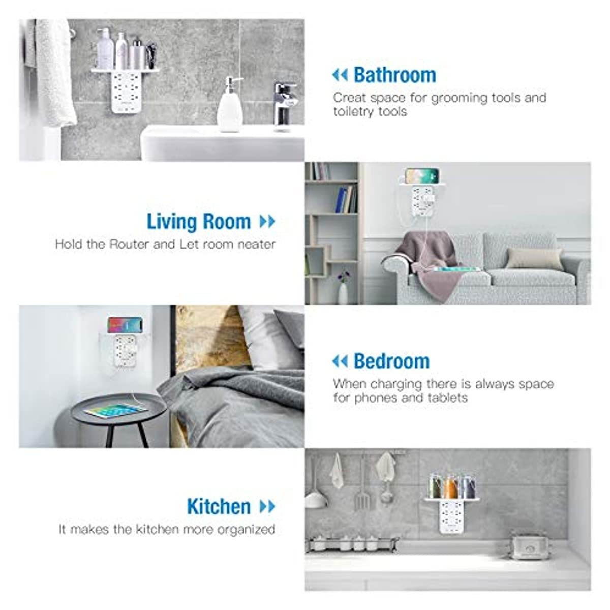 Socket Shelf Wall Outlet, POWERADD 6 Outlet Extender Surge Protector with USB C PD 18W, 1875W 1700J, Multi Plug Outlet with Removable Shelf and Smart Night Light for Bathroom/Home/Dorm