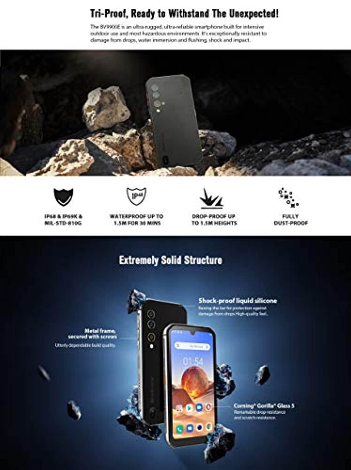 Android 10 Rugged Smartphone,Unlocked Cell Phones Blackview BV9900E(2020), IP68 Waterproof 48MP+16MP Quad Camera 4K Video, 6GB Ram 128GB ROM 5.84'' Screen Dual SIM Global 4G LTE AT and T T-Mob (11755)