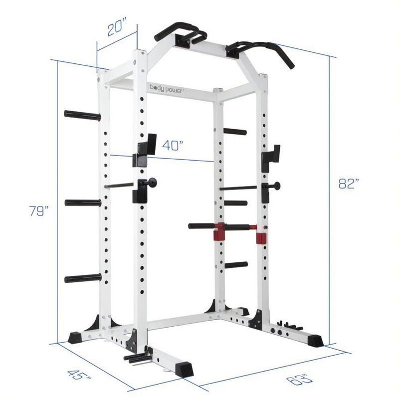 Body Flex Sports SMU6200 Weightlifting Deluxe Home Gym Exercise Power Rack Cage System with Dip Bar Attachments, Bar Catches, and Safety Rods, White