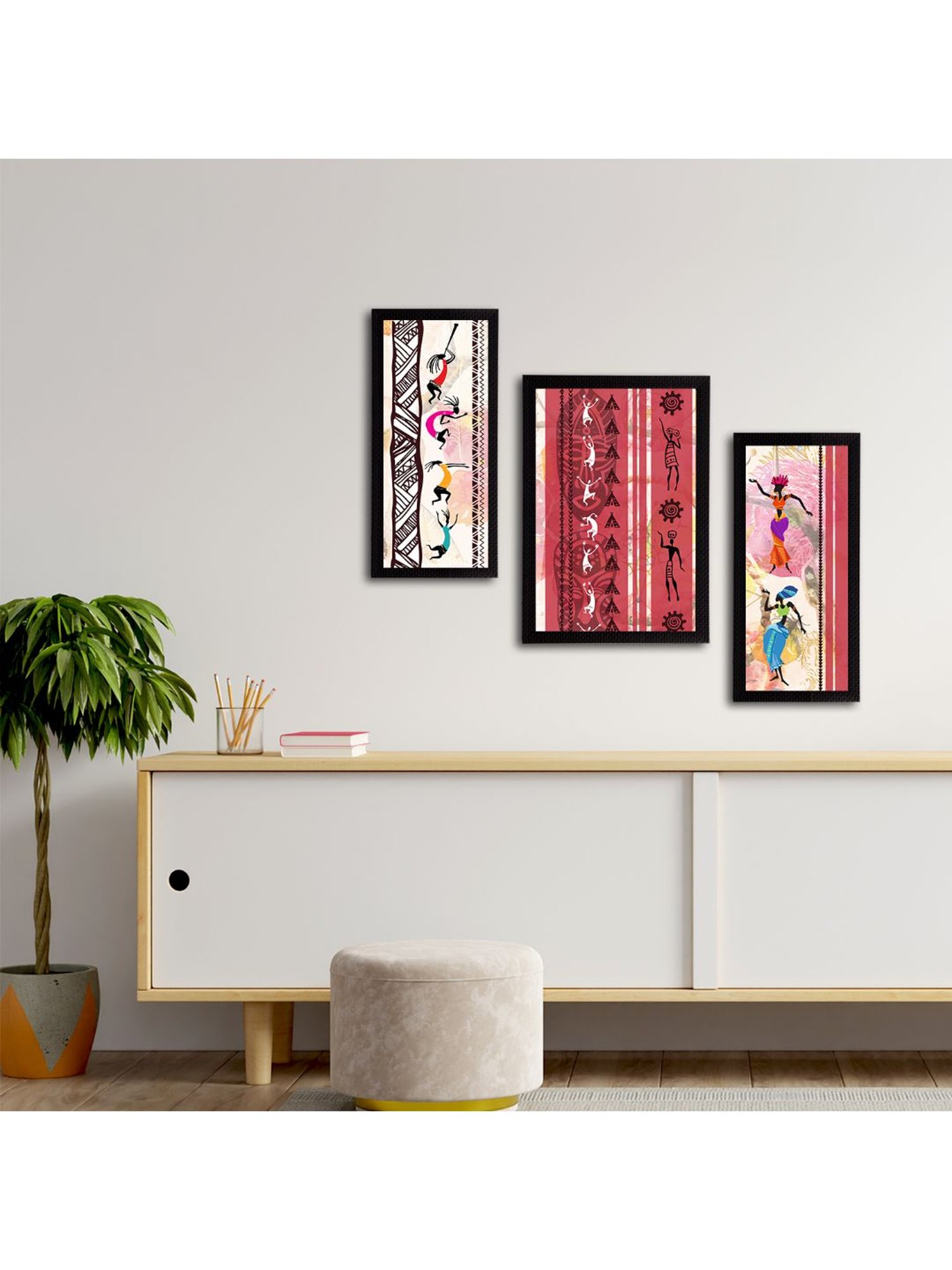 eCraftIndia Set of 3 Tribal Theme Satin Matt Textured UV Art Painting