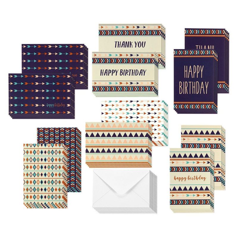 Juvale 48-Pack Assorted Tribal Greeting Cards Sets - Happy Birthday, Thank You, Blank, 12 Design, 4x6 in