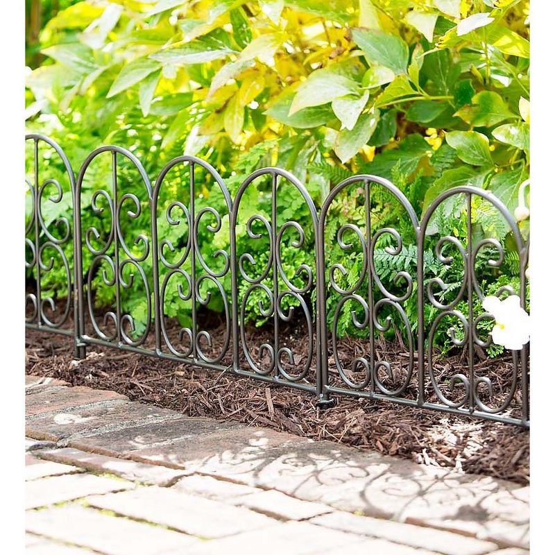 Plow & Hearth - Pewter Wrought Iron Fence - Outdoor Garden Edging with Decorative Design