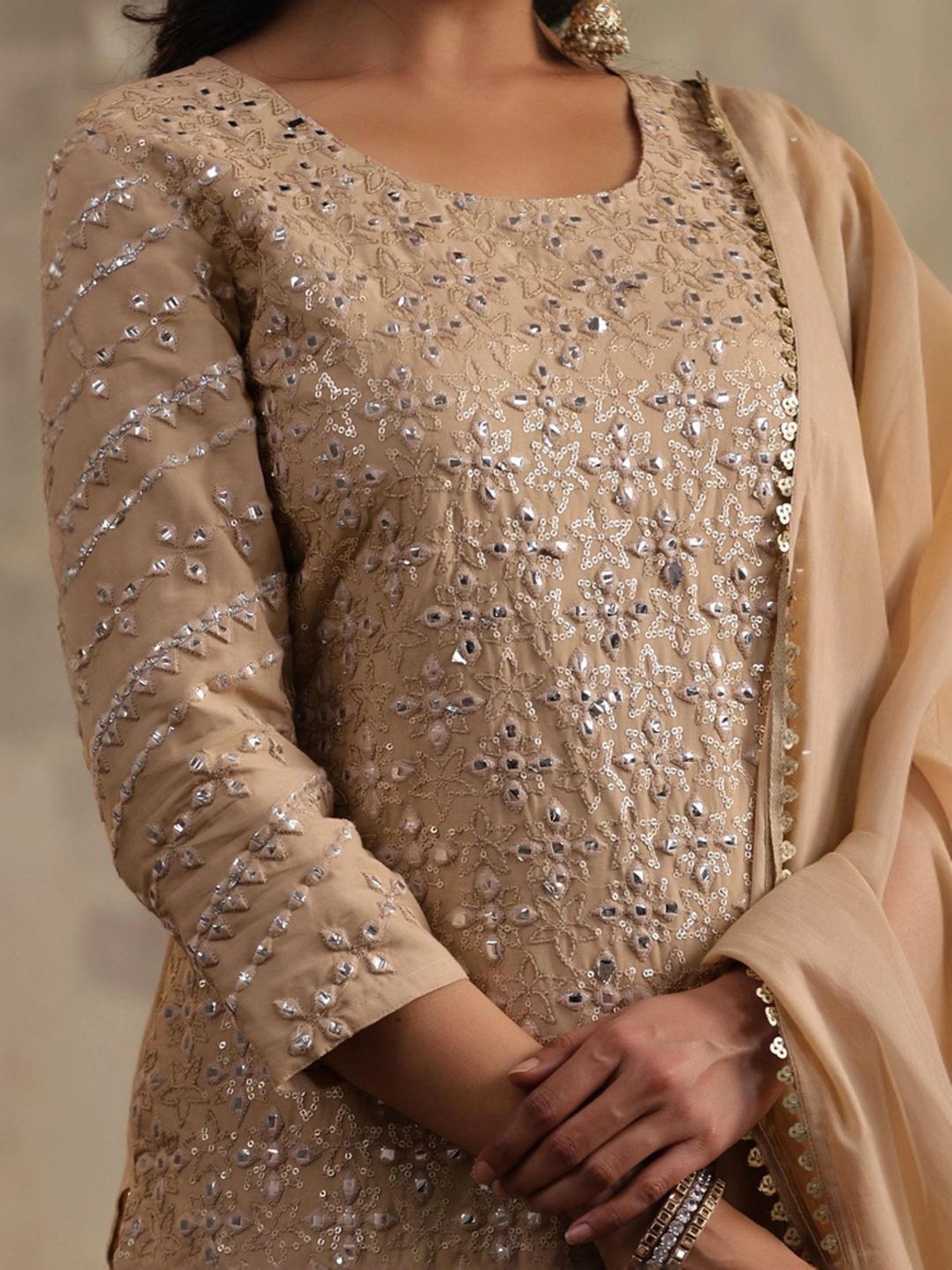 SCAKHI Beige Cotton Embroidered Kurti Sharara Set With Dupatta