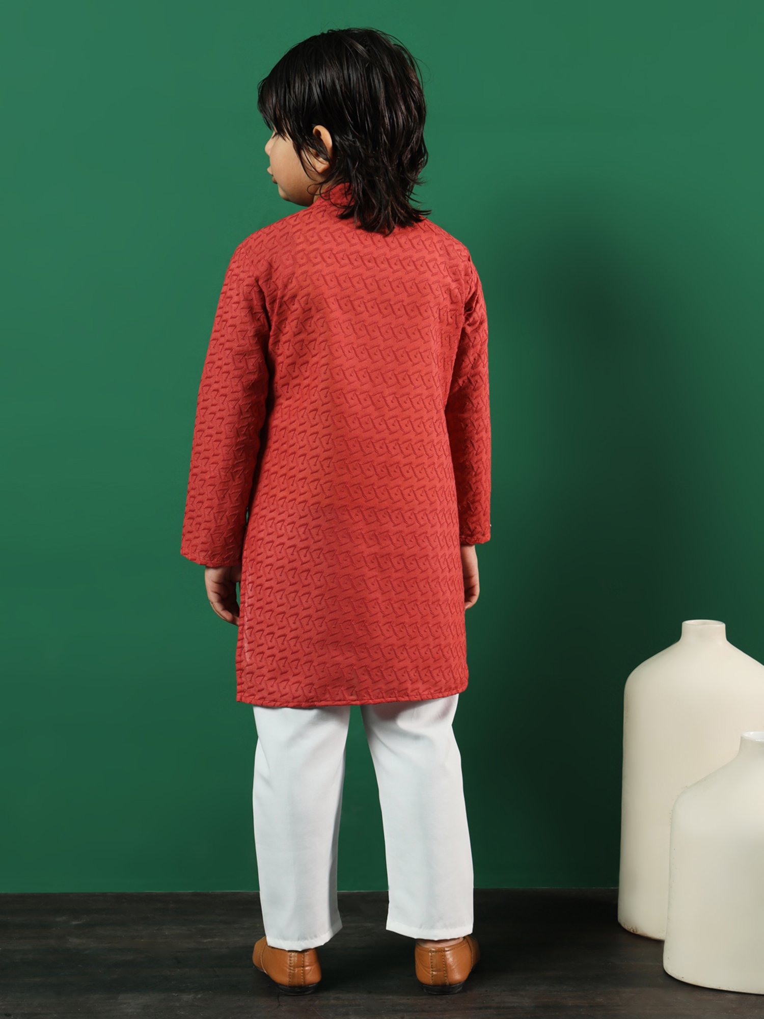 READIPRINT FASHIONS Kids Dark Peach & White Embroidered Full Sleeves Kurta with Pyjamas