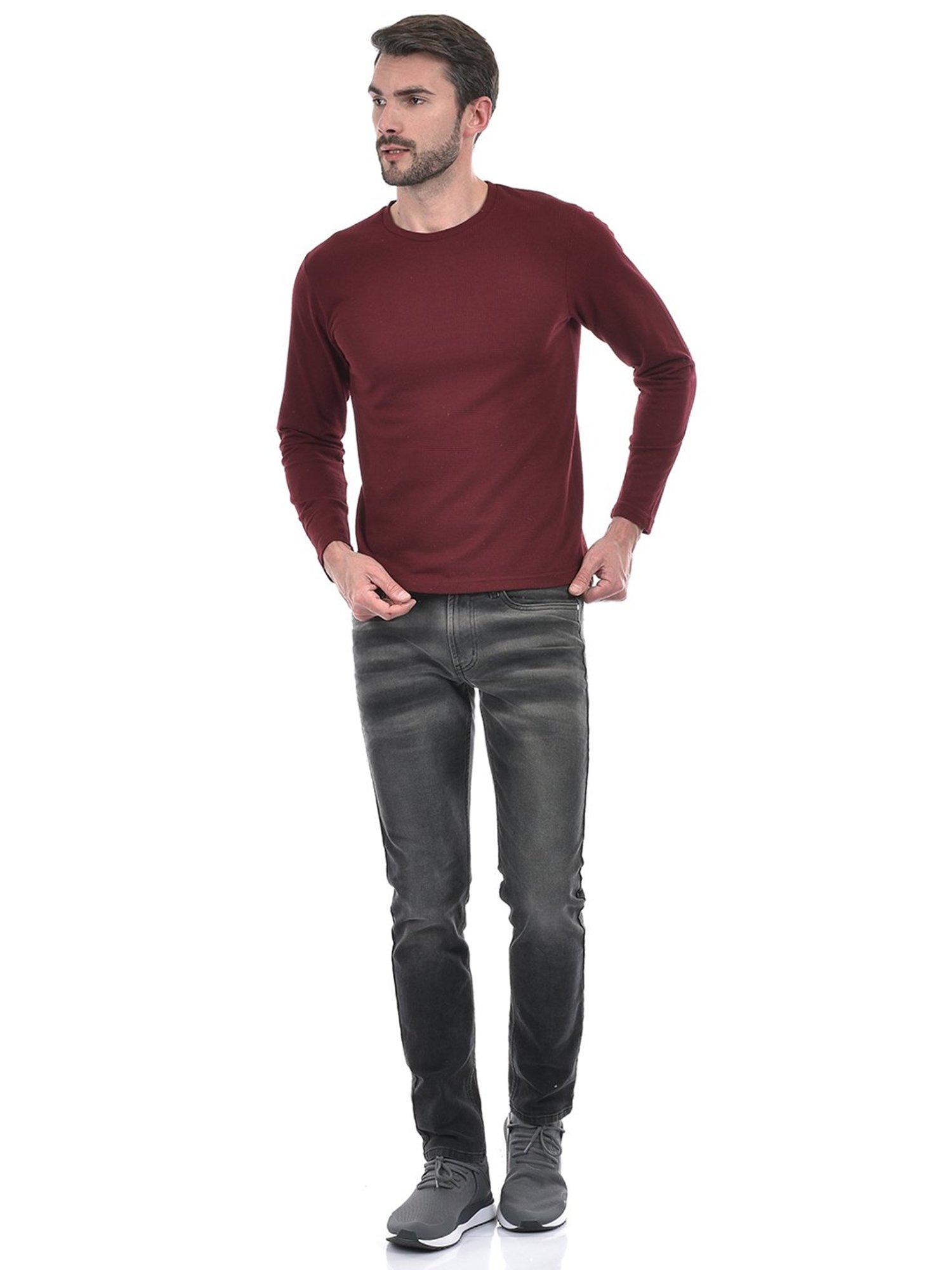 Integriti Wine Regular Fit Textured Crew T-Shirt