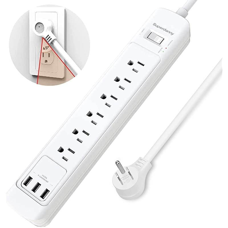 2100J Surge Protector USB Power Strip with ETL Approval 15A Angled Flat Plug Mountable Extension Cord Fast Charging Station 6 Outlet 5ft for Phone Tablet PC Garage Kitchen Home Office White