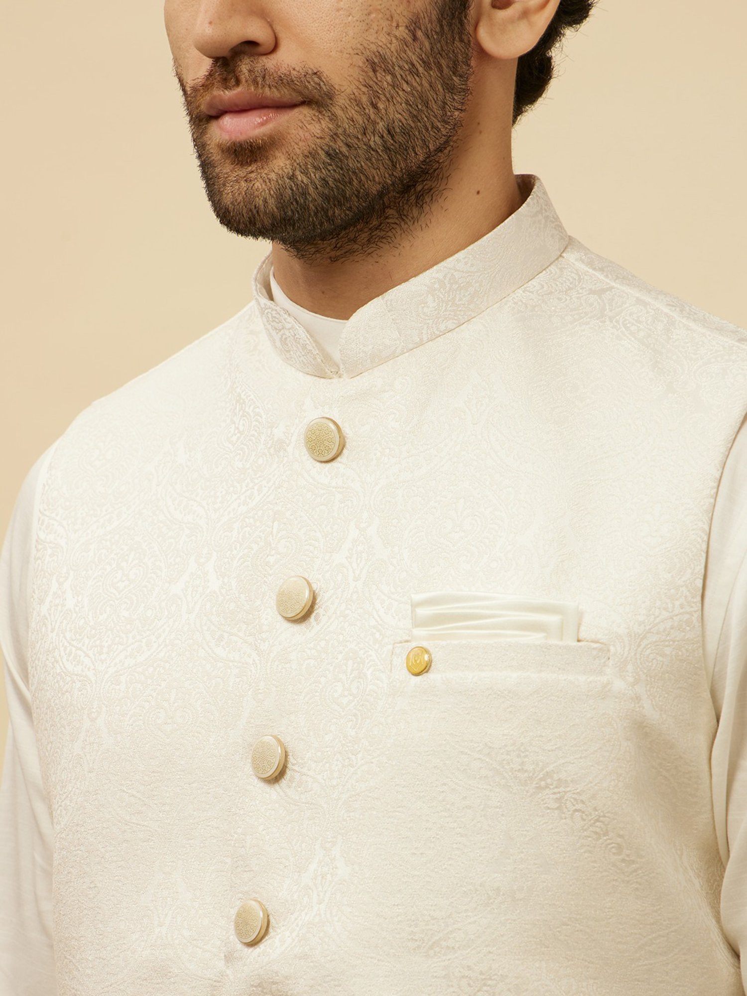 Manyavar Off White Regular Fit Self Design Nehru Jacket