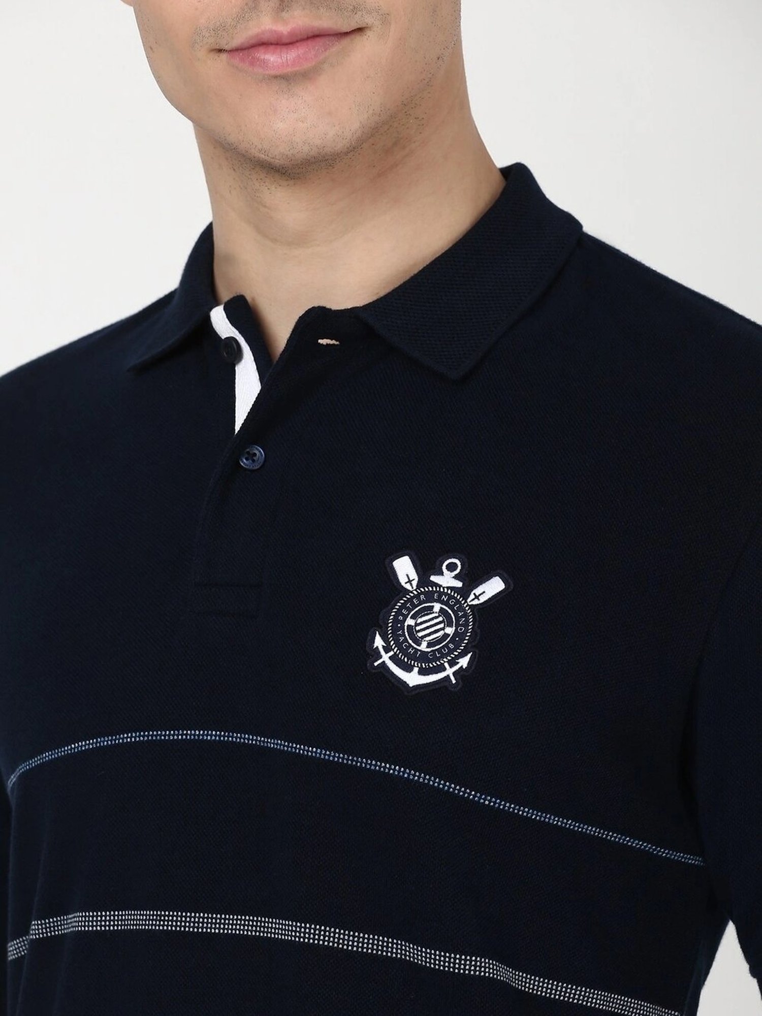 Peter England Navy Cotton Regular Fit Striped T-Shirt