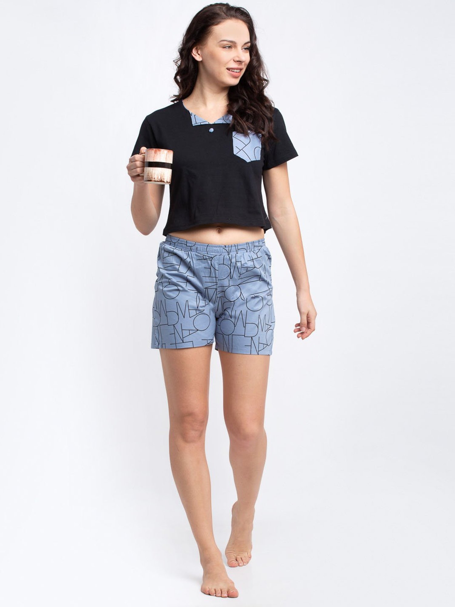 Boston Club Black & Blue Printed Crop Top With Shorts