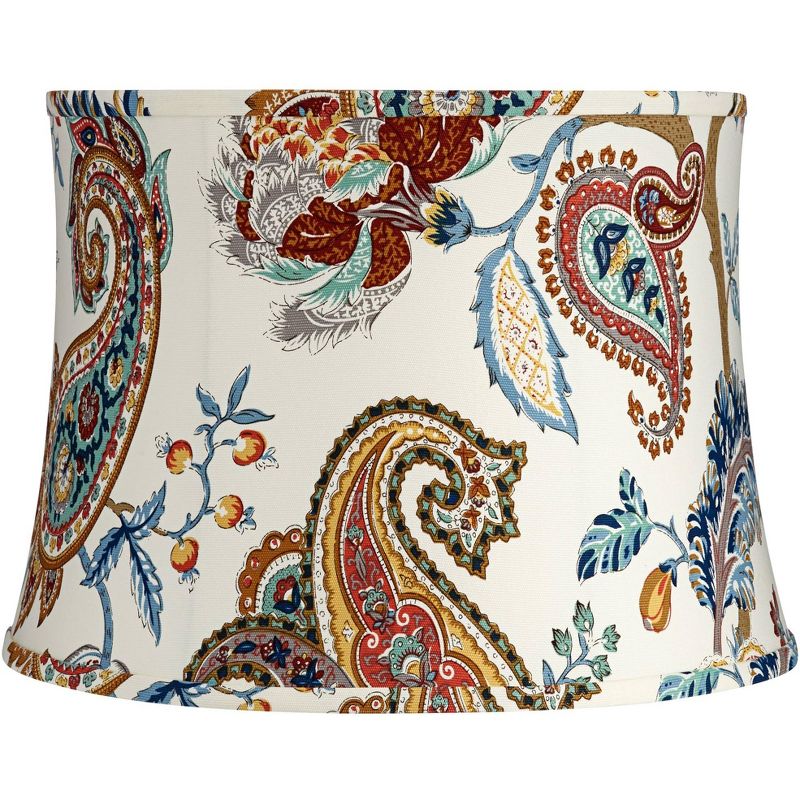 Springcrest White with Paisley Print Medium Drum Lamp Shade 14" Top x 16" Bottom x 11.5" High (Spider) Replacement with Harp and Finial