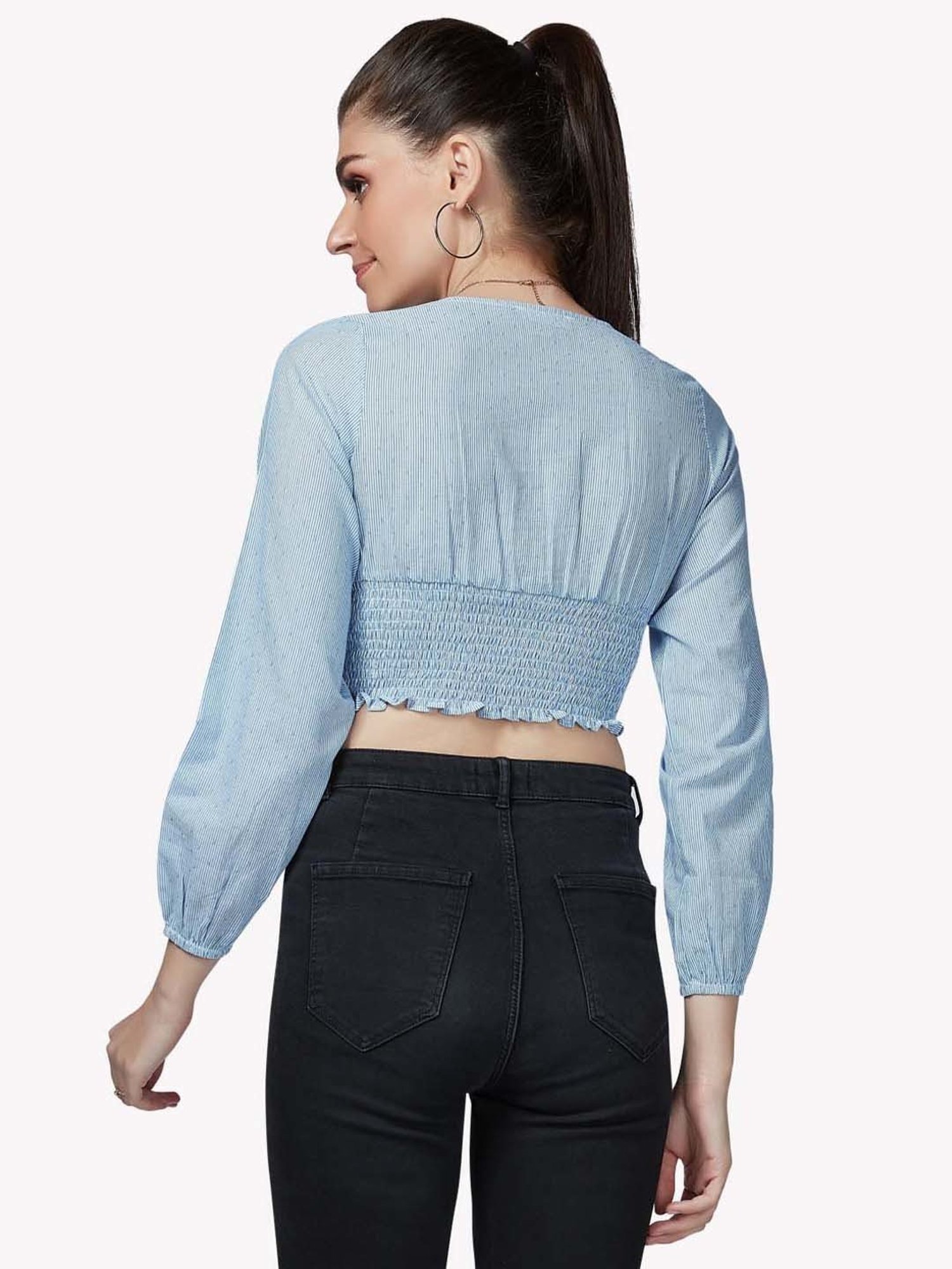 VASTRADO Blue Cotton Striped Crop Top