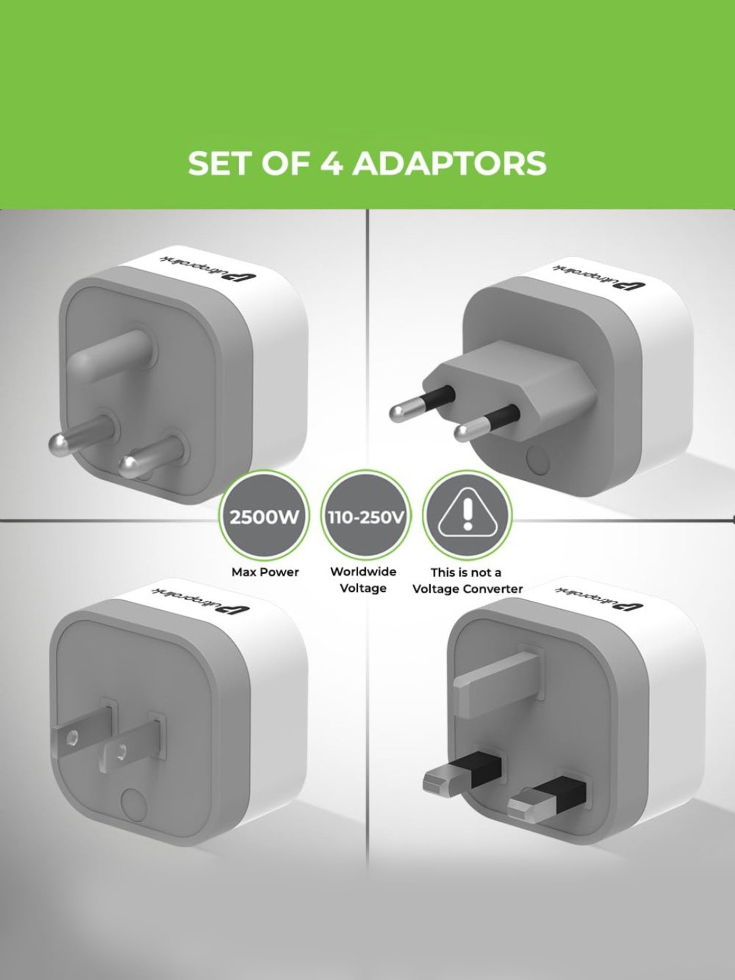 ULTRAPROLINK UM1164 World Travel Adapter Plugs 10A-2500W, Pack of 4 (White)