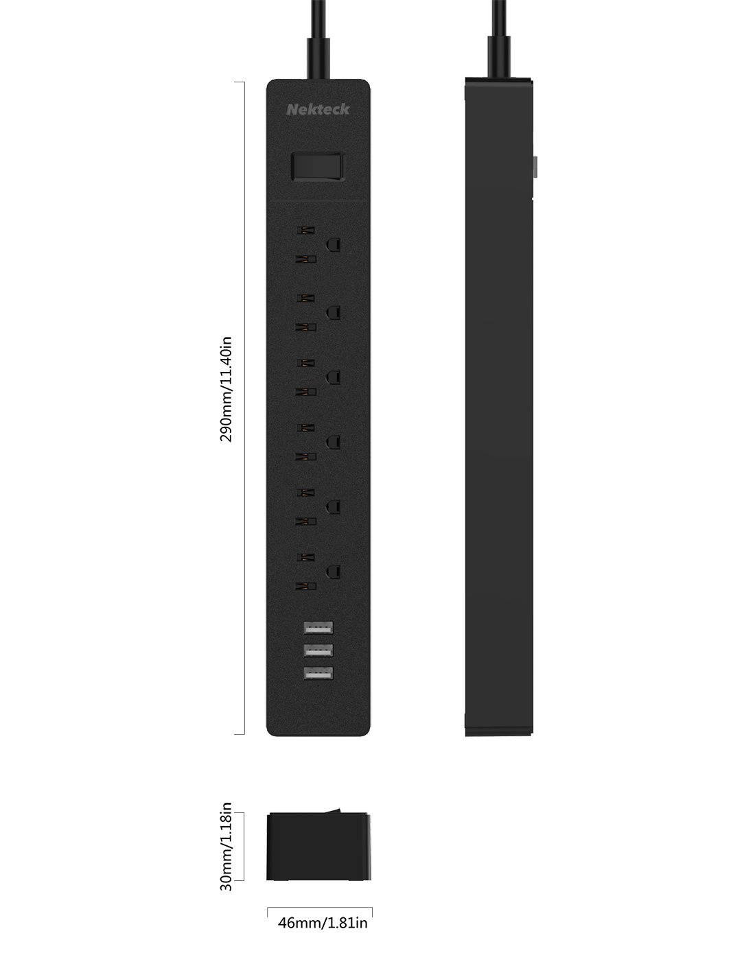 Nekteck 2 Pack Power Strip Flat Wall Plug with 6 AC Outlets, 15W 3-Port USB Charger for iPhone, iPad, Samsung Galaxys, Nexus, Tablets, HTC M9, Motorola, LG and More [4.8ft Cord, 6AC, 3 USB]