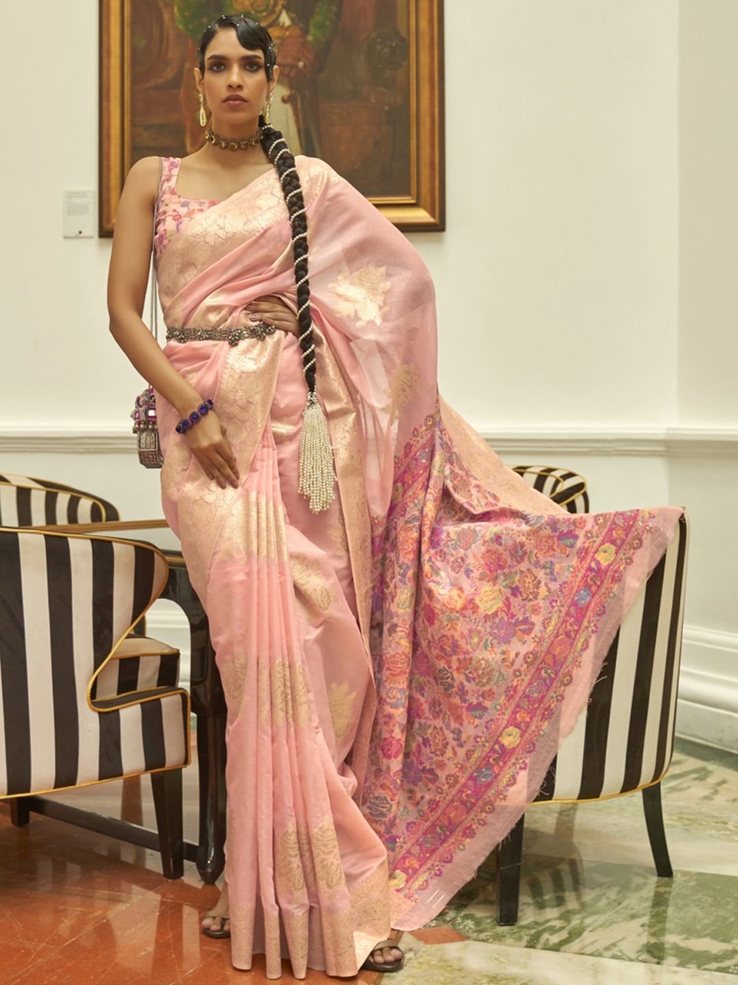 Elora Peach Silk Woven Saree With Unstitched Blouse