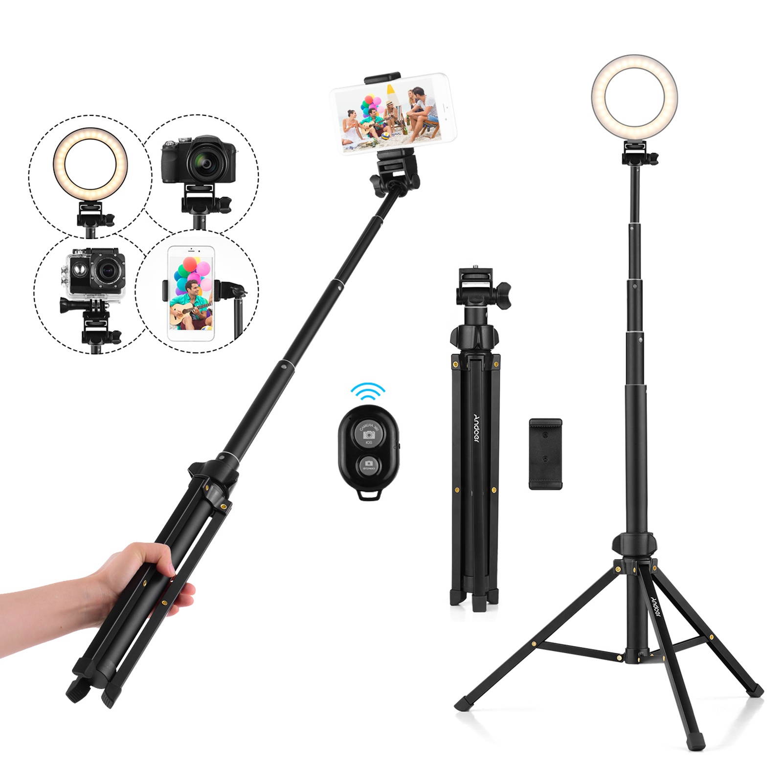 Andoer 1.5m/59in 2-in-1 Tripod Stand + Extendable Selfie Stick Aluminum Alloy with Phone Holder Remote Shutter Compatible with iPhone Android Phones for Selfie Group Photo Live Streaming