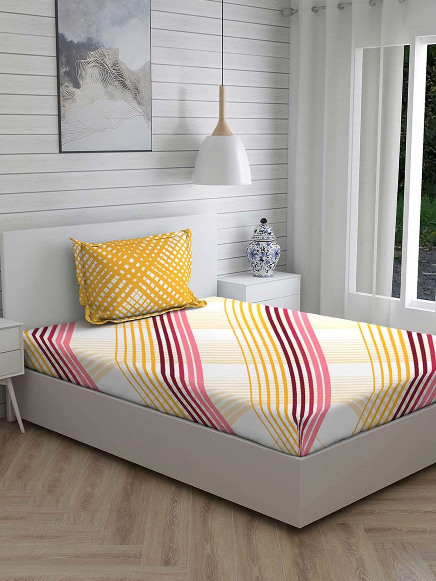 Layers Tuscany Yellow Cotton 104 TC Single Flat Bed Sheet With 1 Pillow Cover