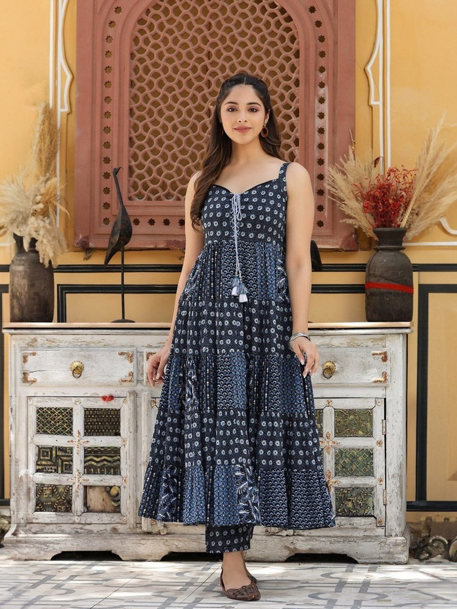 Everbloom Blue Anika Printed Flared Kurta With Pant