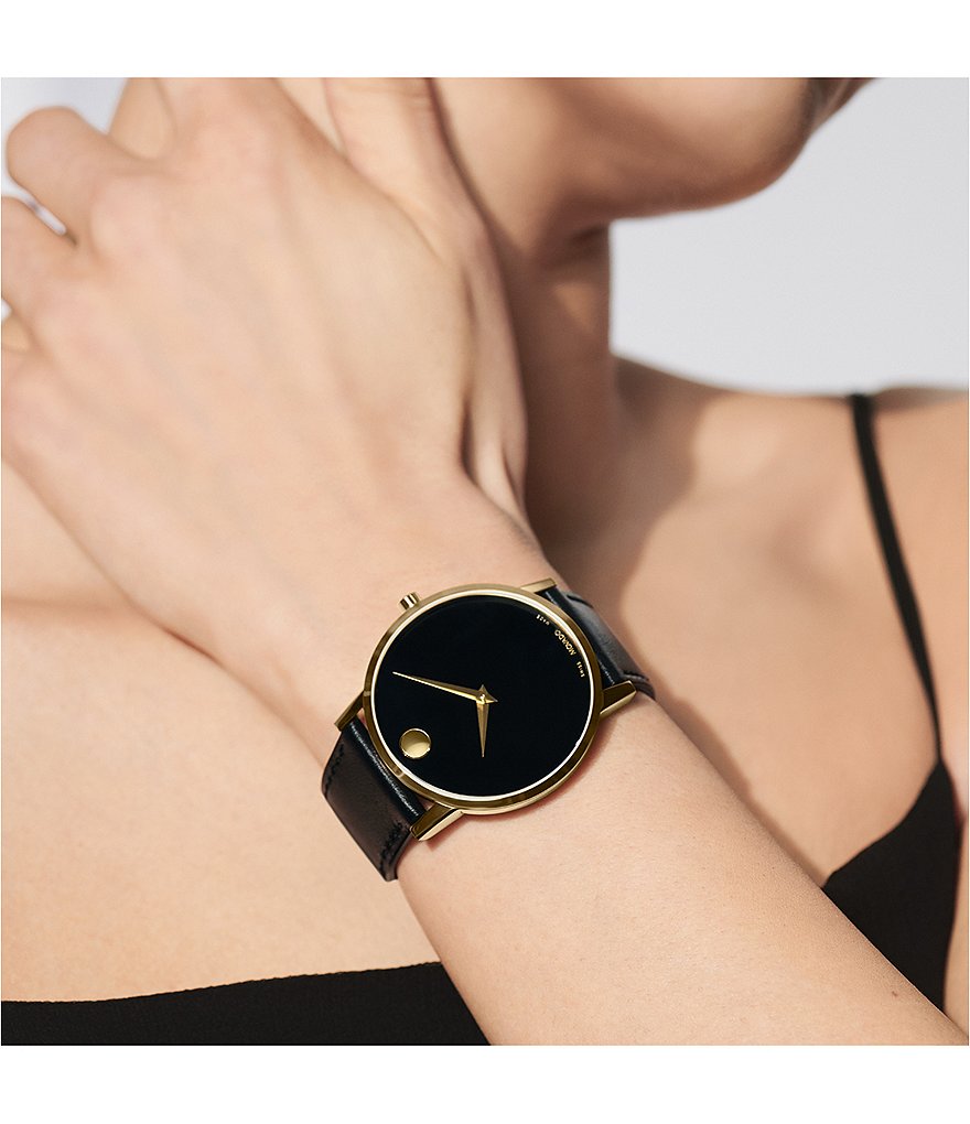 Movado Museum Classic Gold-Toned Case Black CalfSkin Watch