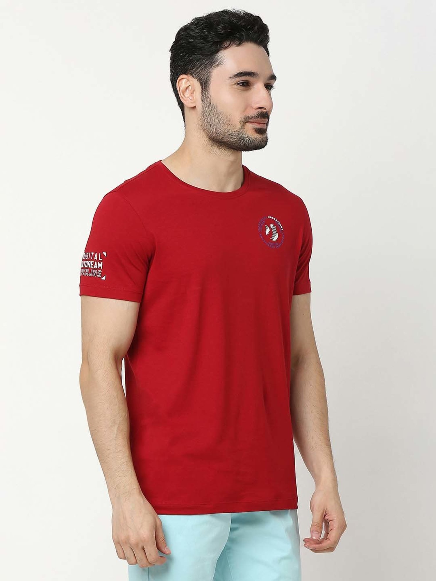 UnderJeans by Spykar Deep Red Regular Fit Logo Print Cotton Crew T-Shirt
