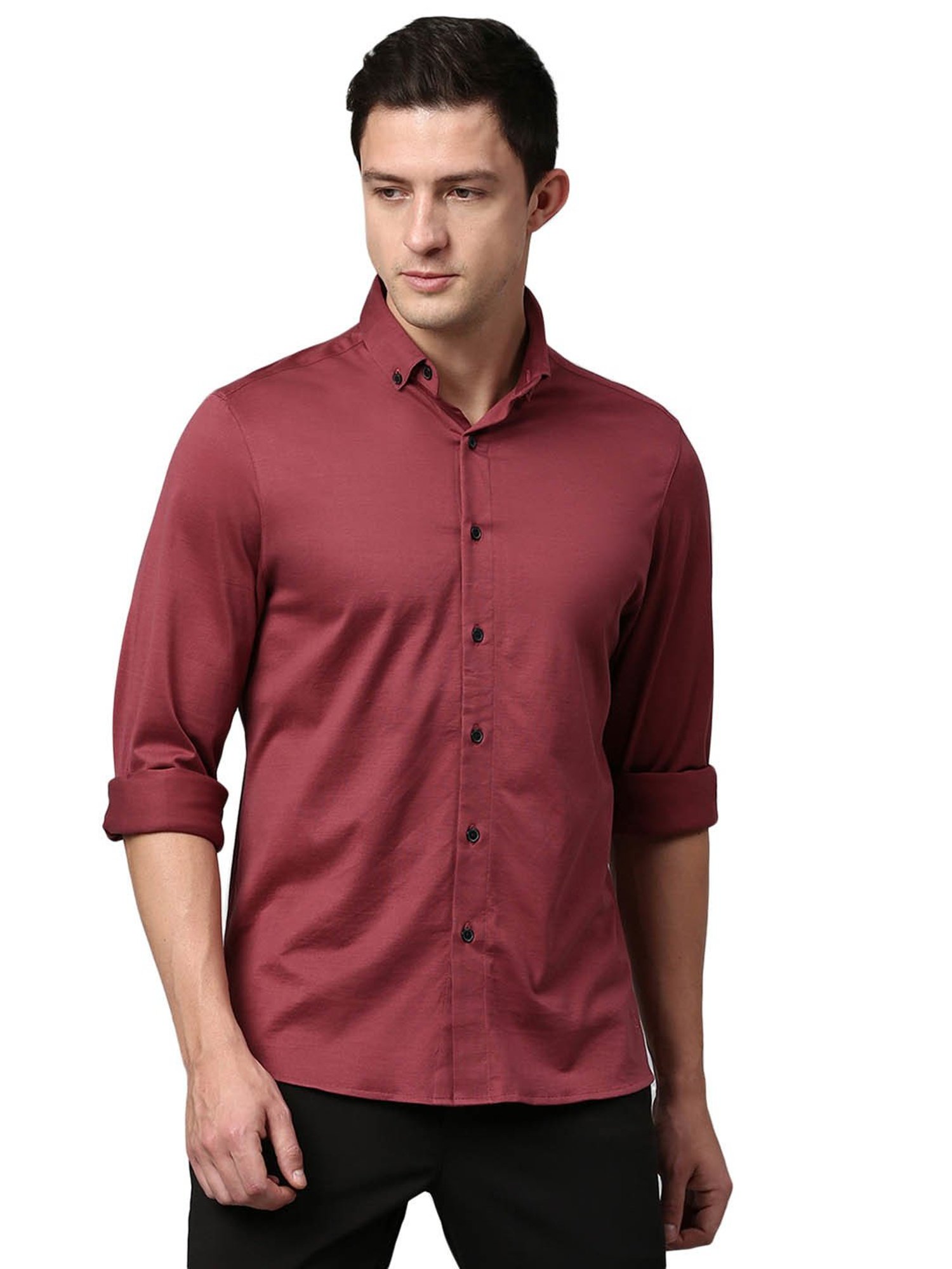 Slowave Maroon Cotton Regular Fit Shirt