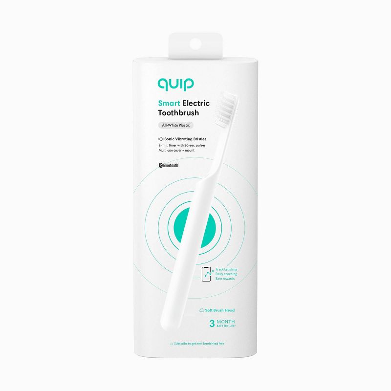 quip Plastic Smart Electric Toothbrush Starter Kit - 2-Minute Timer, Bluetooth, Free App + Travel Case - All-White