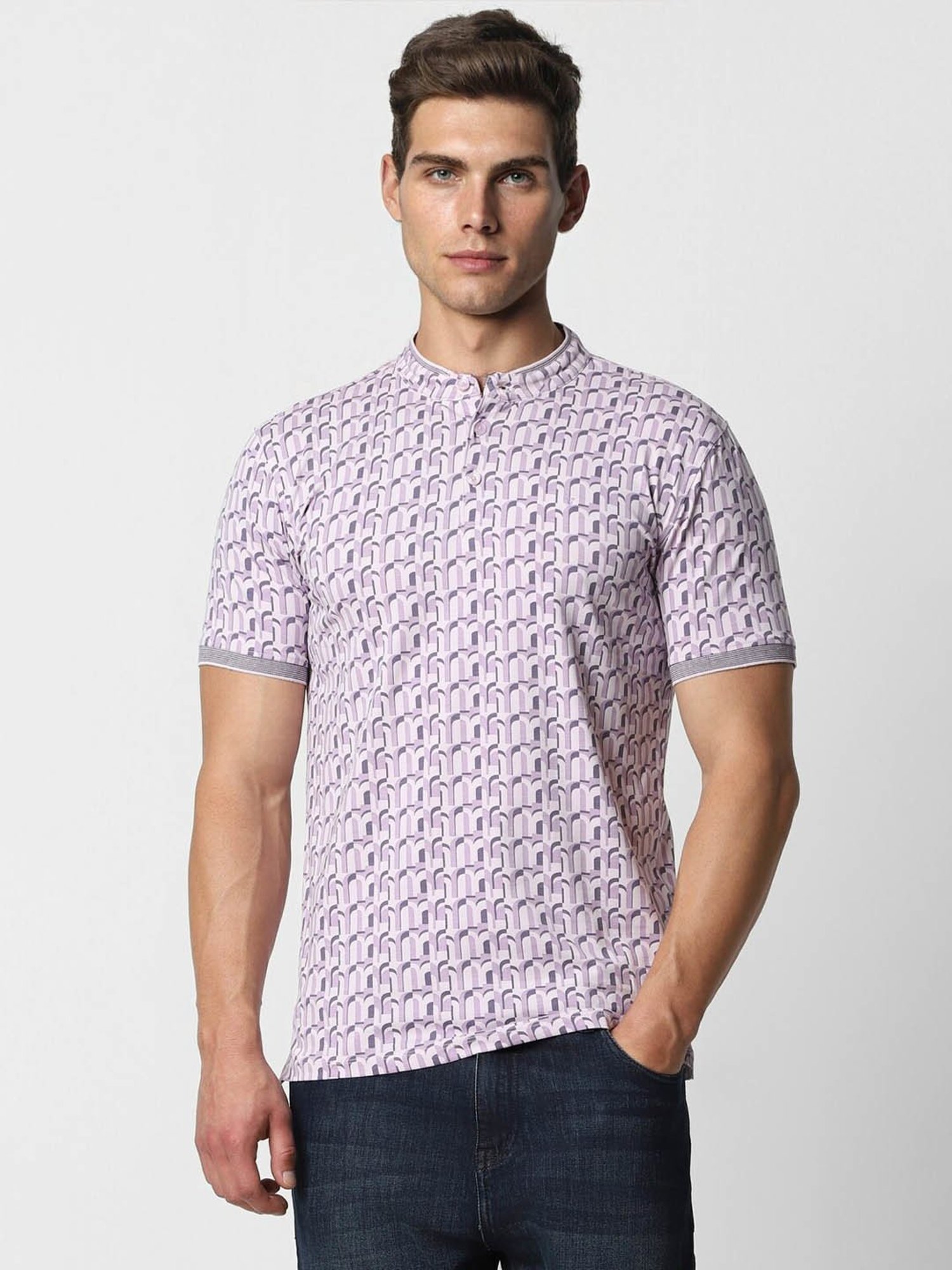 V Dot Lilac Cotton Slim Fit Printed Henley T-Shirt