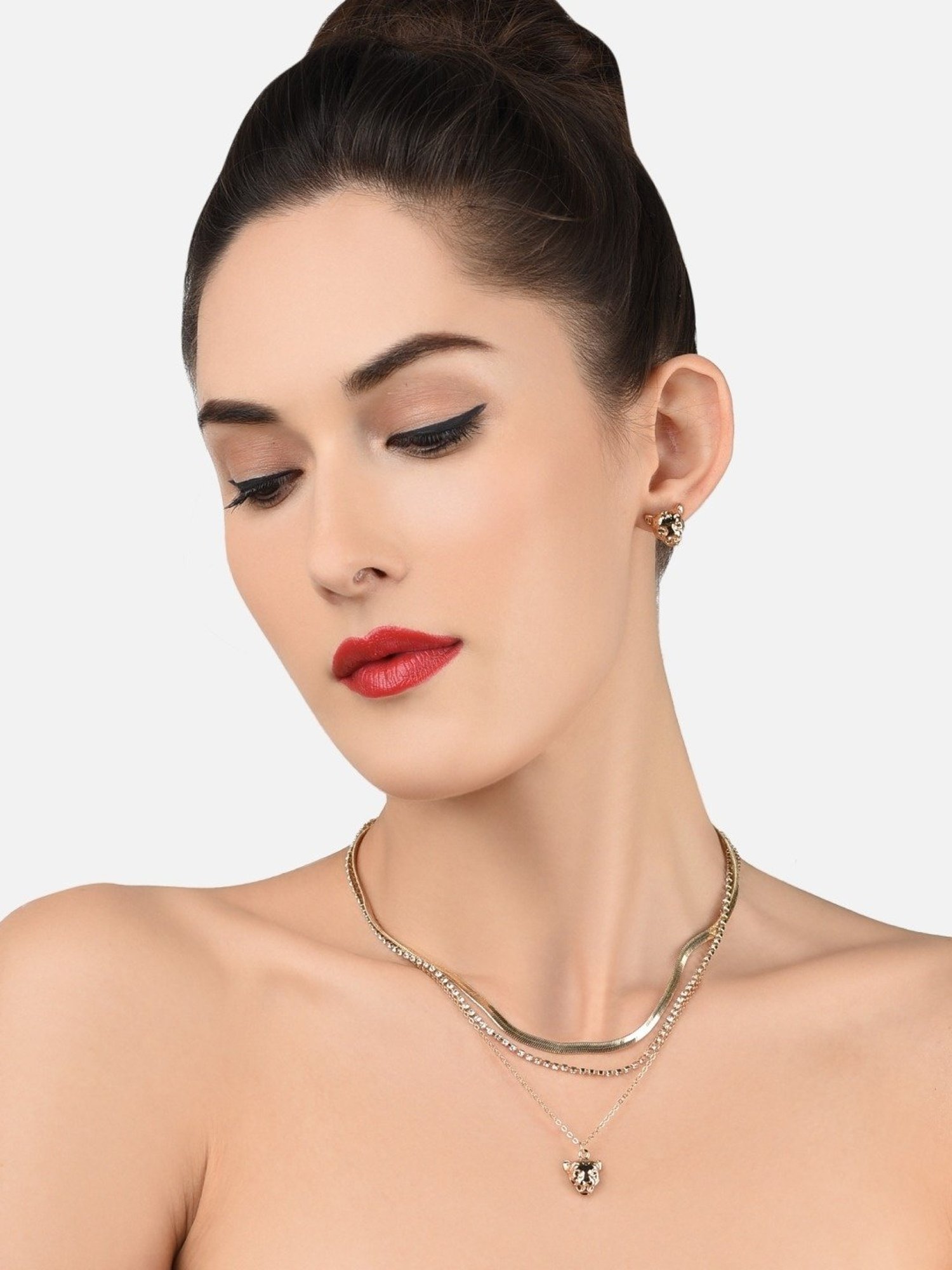 Zaveri Pearls Gold Tone Classy Multi Layered Leopard Drop Necklace Chain & Earring Set-ZPFK11618