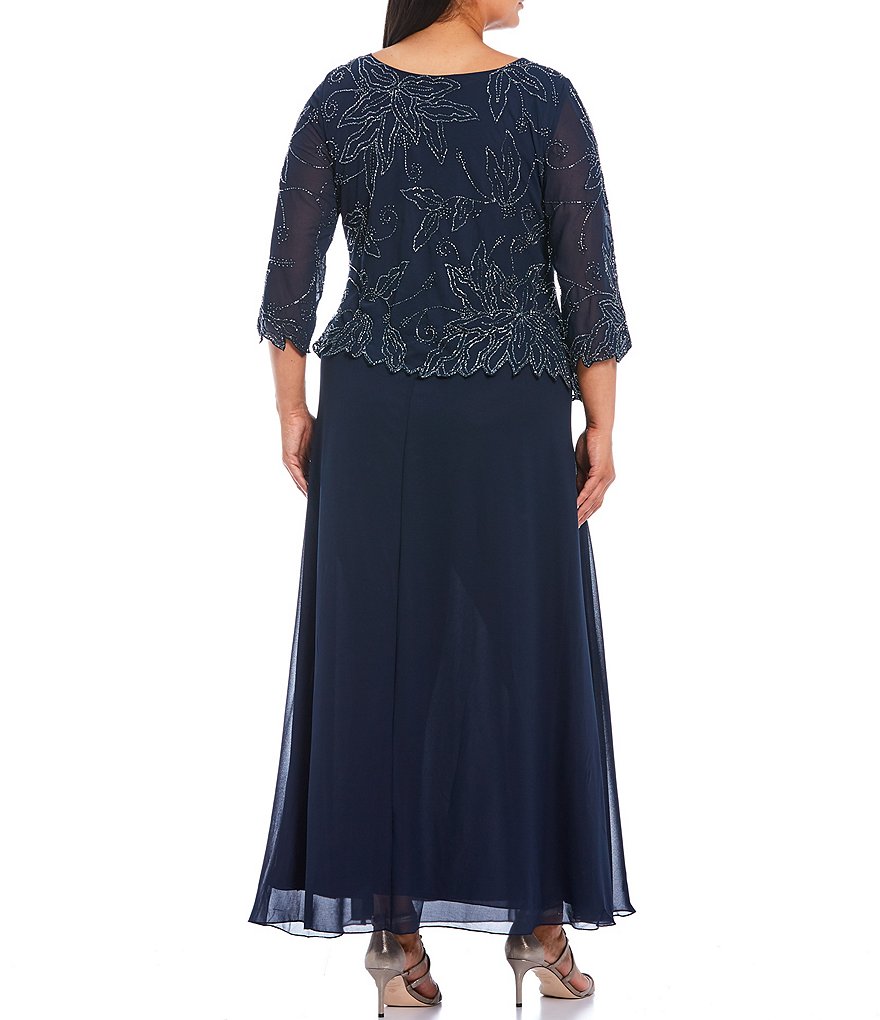 Jkara Plus Size 3/4 Sleeve Round Neck Beaded Bodice Gown