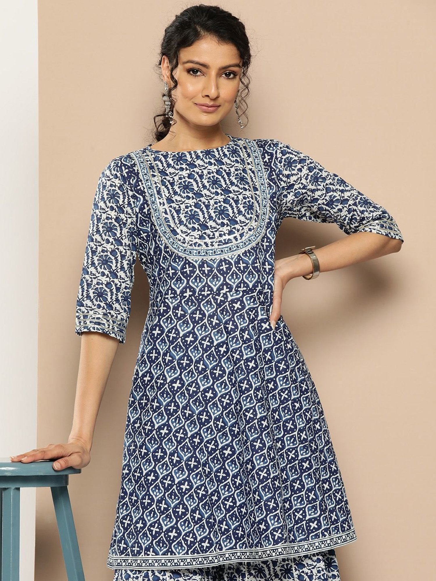 KSUT Blue Cotton Printed Kurti Sharara Set
