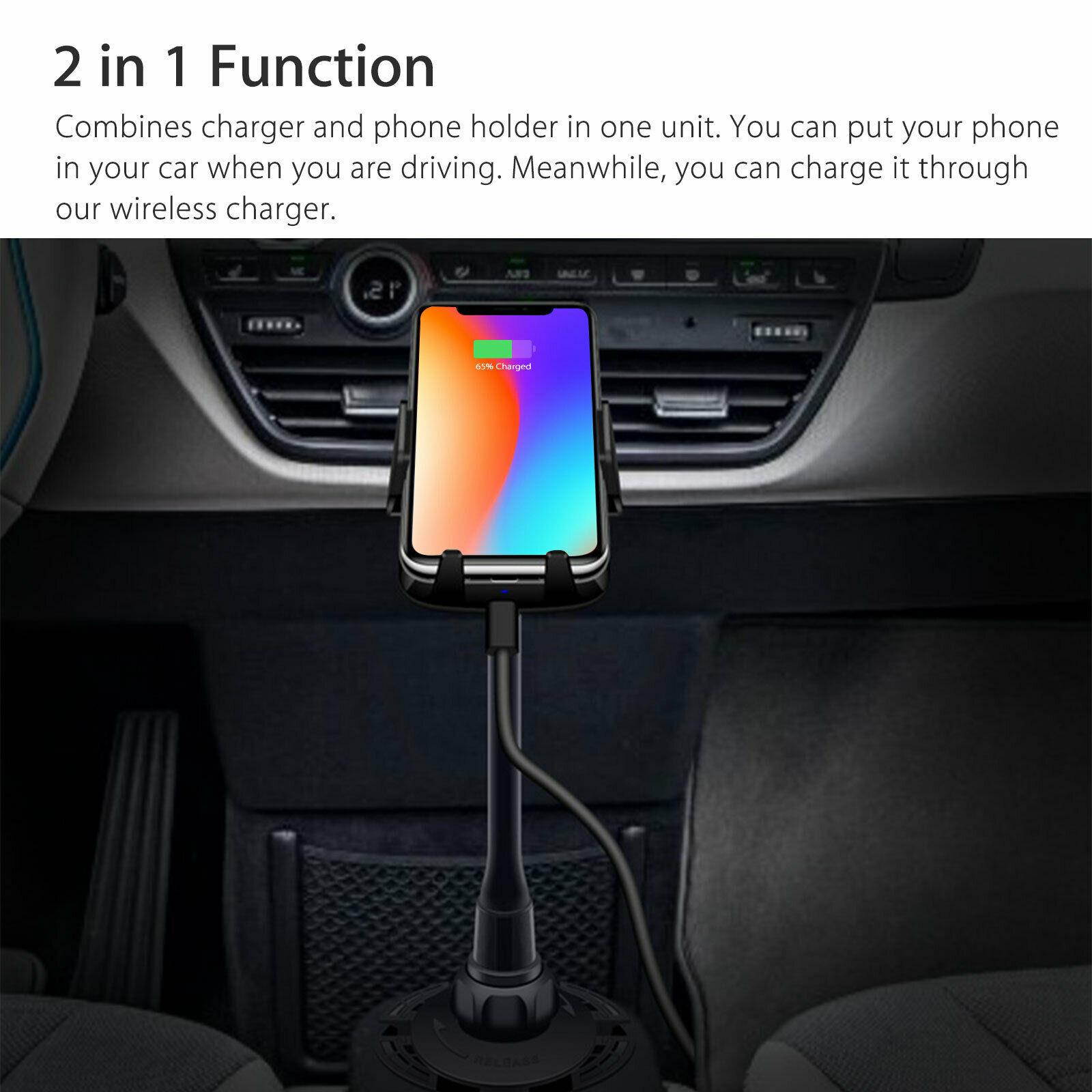 360 Degree Car Cup Holder Wireless Charger Stand Mount for iPhone 8 X Cell Phone