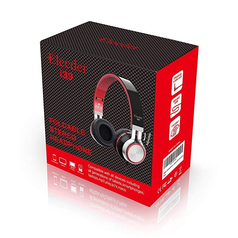 i39 Headphones with Microphone Foldable Lightweight Adjustable On Ear Headsets with 35mm Jack for Cellphones Computer MP34 Kindle School RedBlack