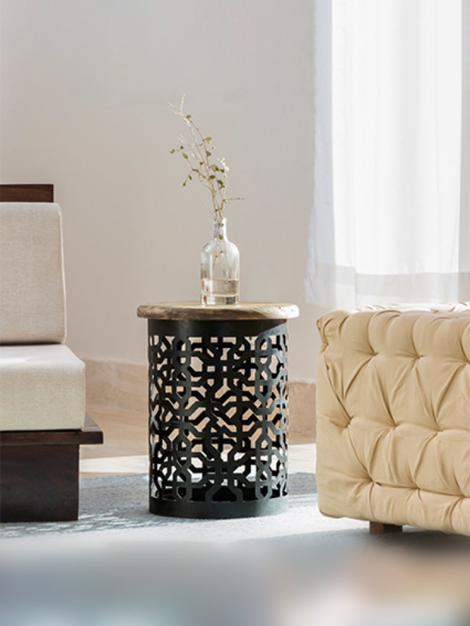 Artisans Rose Brown Pine Wood & Iron Stool with Filigree Stand