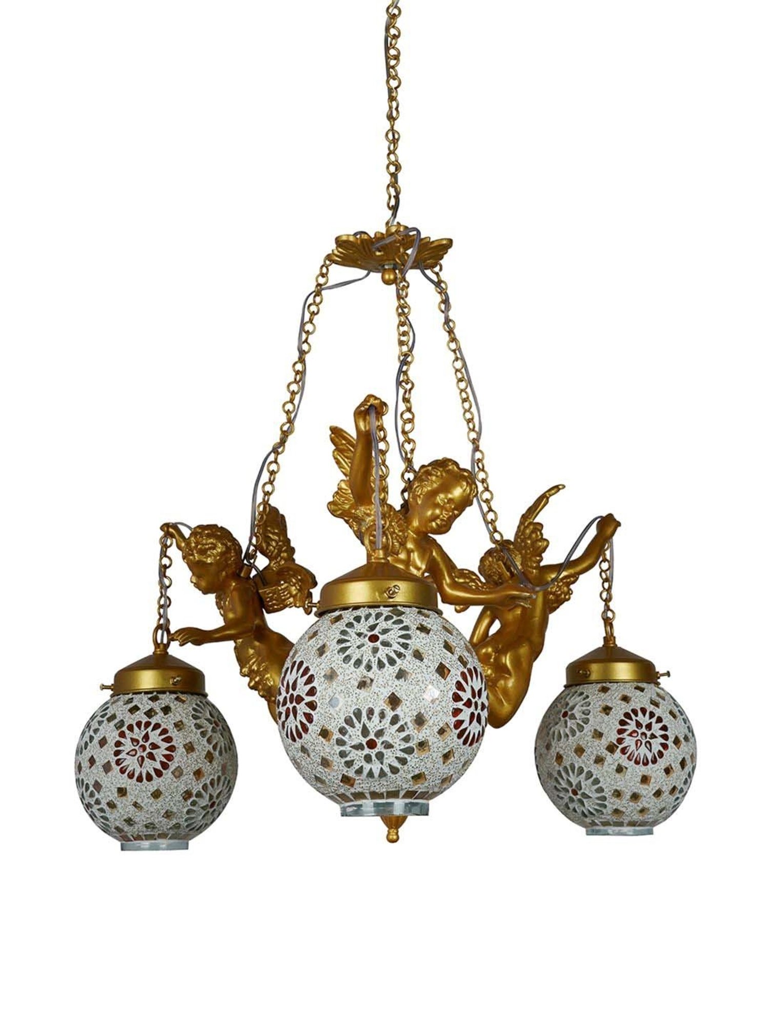 FOS LIGHTING White & Golden Aluminium 3-In-1 Cherub Chandelier With Glass Shade