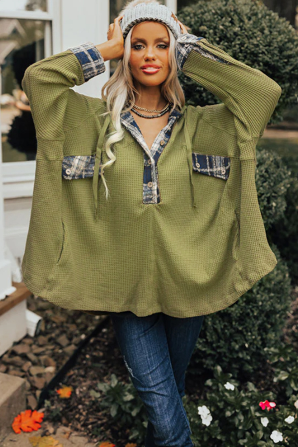 Green Waffle Knit and Flannel Henley Oversized Hoodie