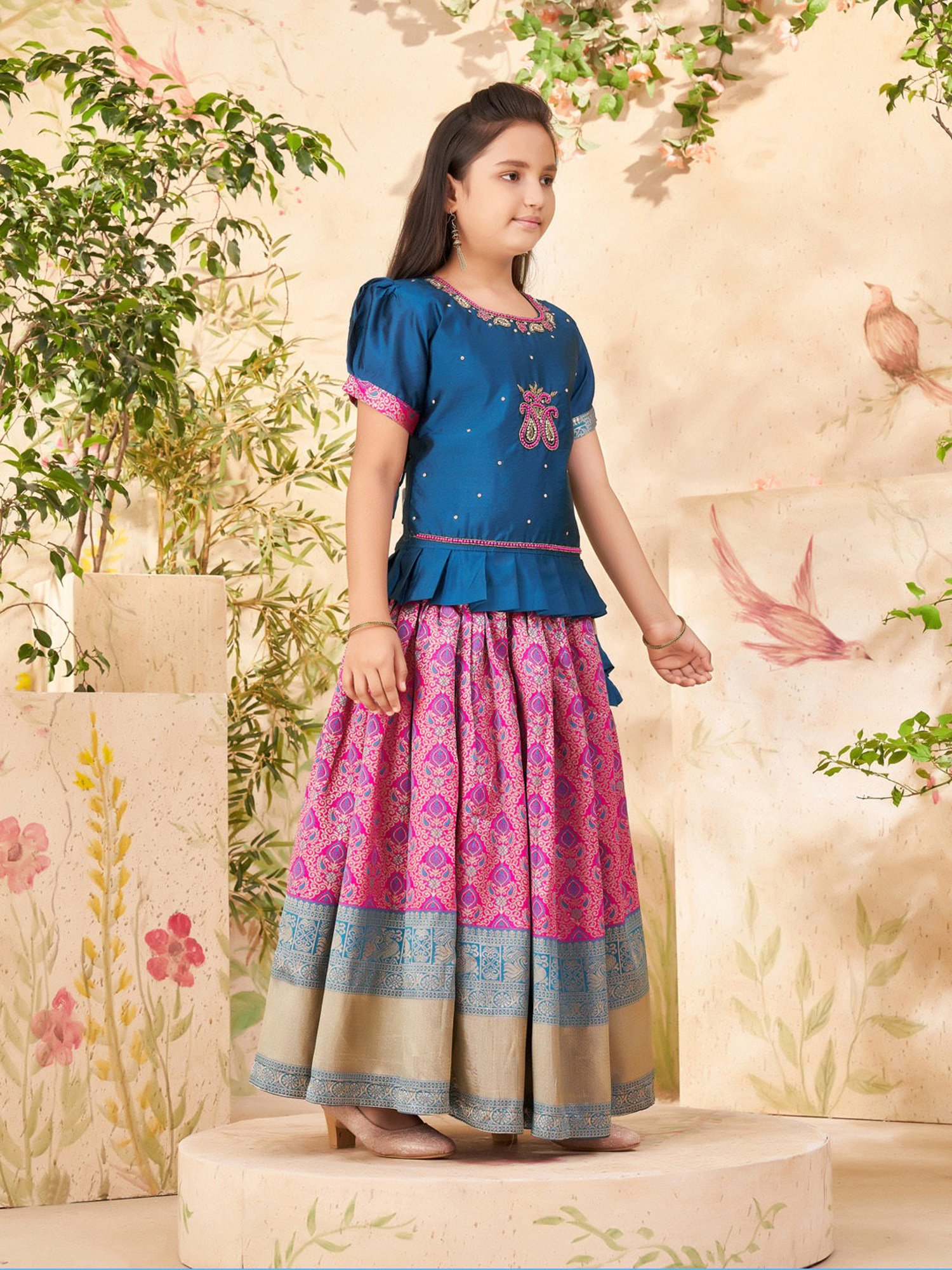 A Little Fable Kids Blue Printed Lehenga with Choli & Dupatta